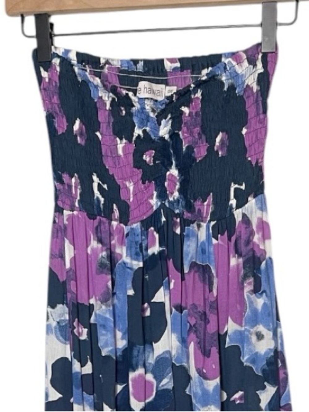 Tiare Hawaii O/S Purple Blue Floral Smocked Strapless Resort Maxi Dress - Picture 4 of 8